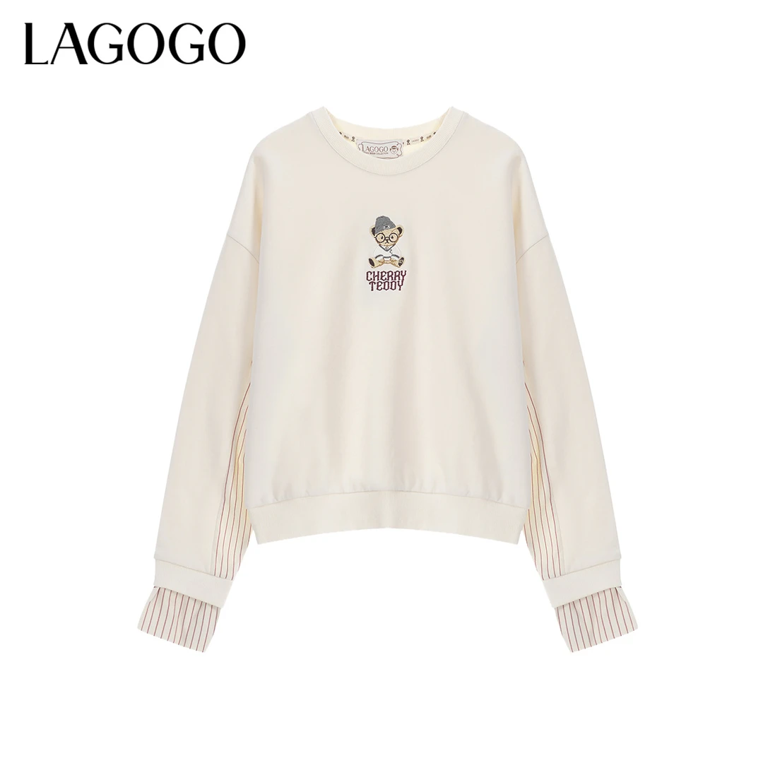 lagogo新款慵懒落肩袖可爱泰迪熊卫衣女MCEE4C04撞色女士