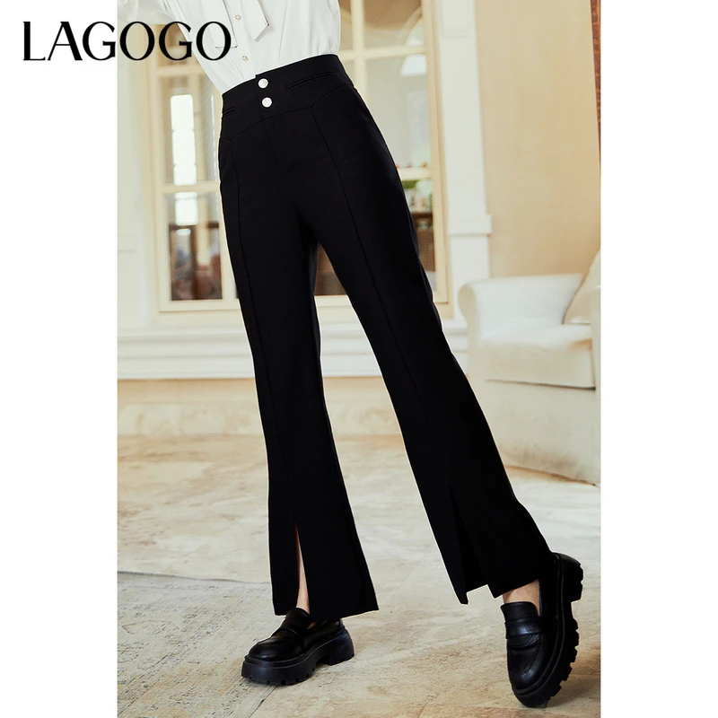 Lagogo新款高腰纽扣开衩休闲裤女LCKK539A71微喇阔腿裤