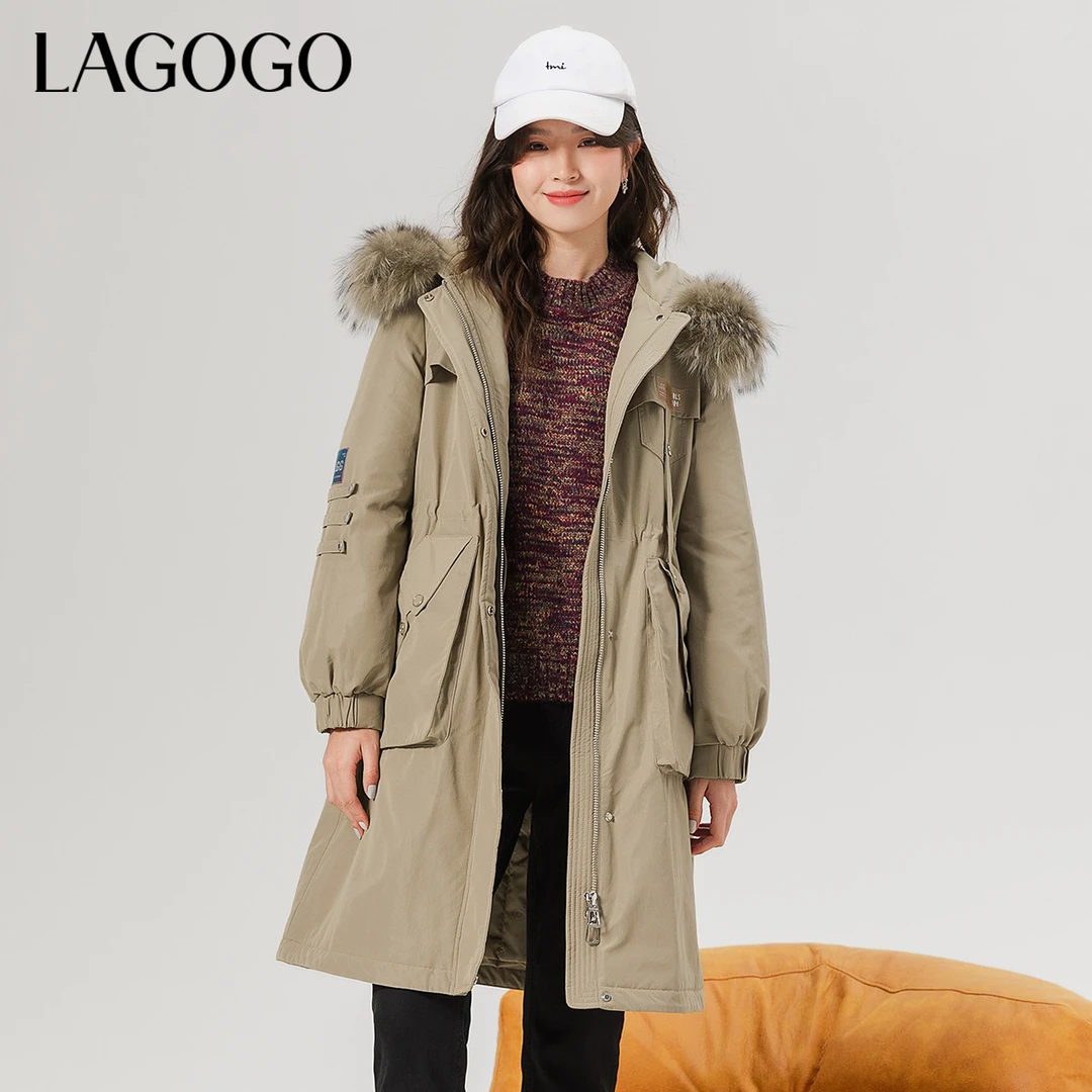 Lagogo新款加厚工装风连帽抽绳羽绒服女LCYY43YA92
