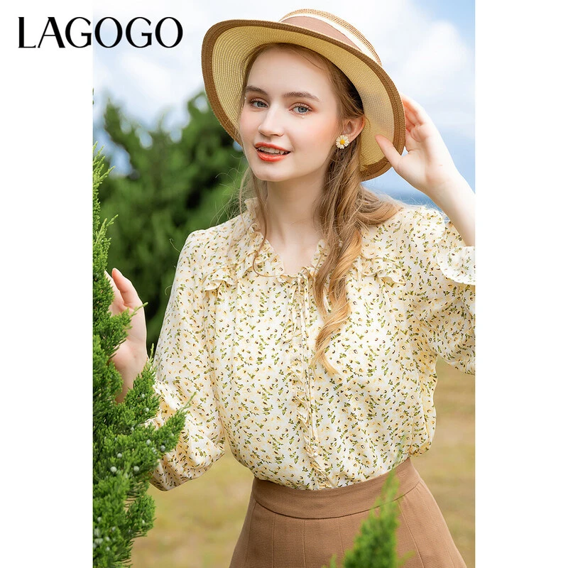 Lagogo新款木耳边领系带装饰清新小众碎花上衣女LCSS507A13气质