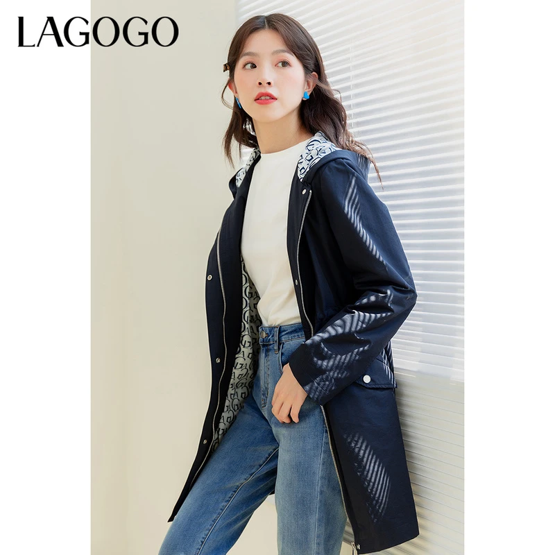 Lagogo新款腰间抽绳连帽风衣LCFF218A60外套春秋时尚休闲长款