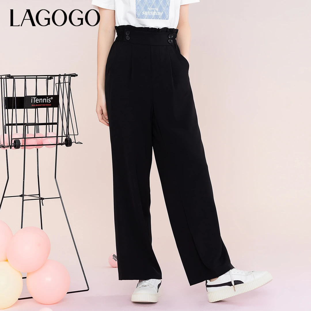 lagogo新款木耳边弹力舒适休闲小黑裤女MAKK535A65