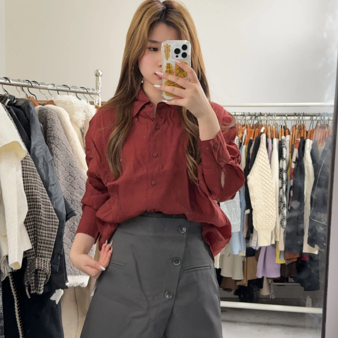 Lagogo/拉谷谷休闲风纽扣轻职风衬衫长袖翻领秋季外套KCCC438324