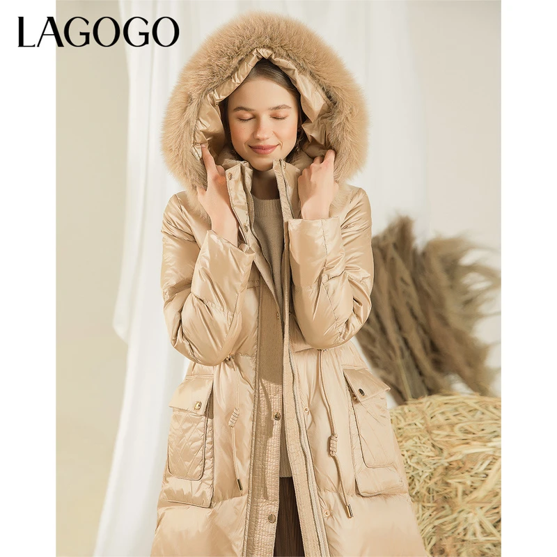 Lagogo新款连帽毛领抽绳口袋羽绒服女KCYY43XC52保暖冬季韩版