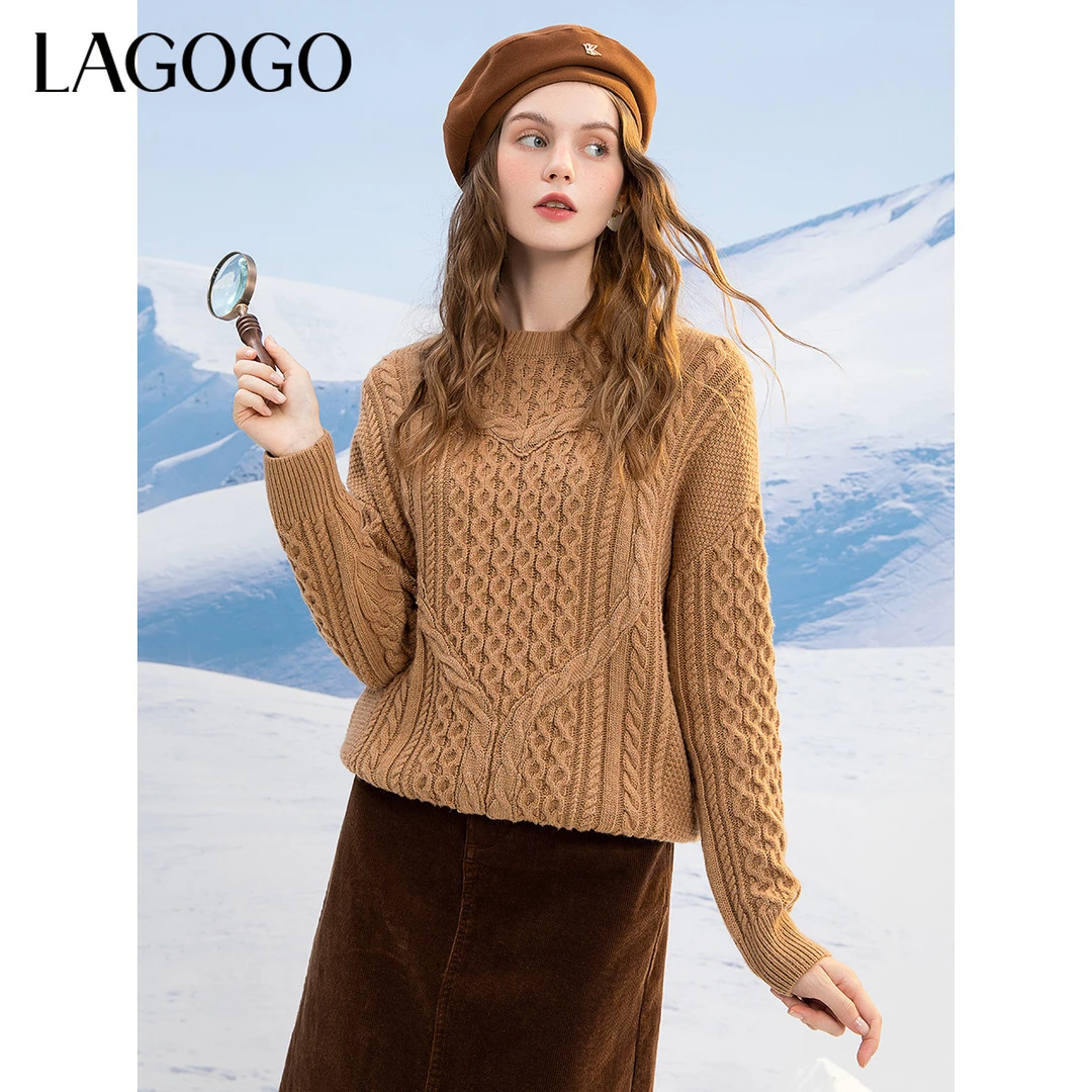 Lagogo新款温柔圆领亮丝落肩袖针织衫女LCMM43XA37长袖