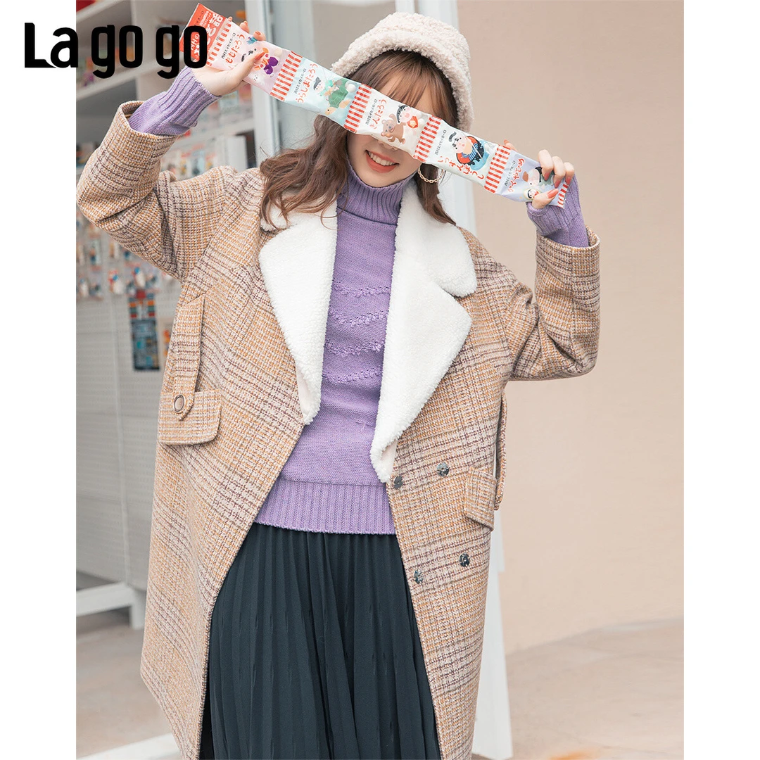 Lagogo冬季新款撞色风西装领大衣中长款格纹毛呢外套女JCDDYC66