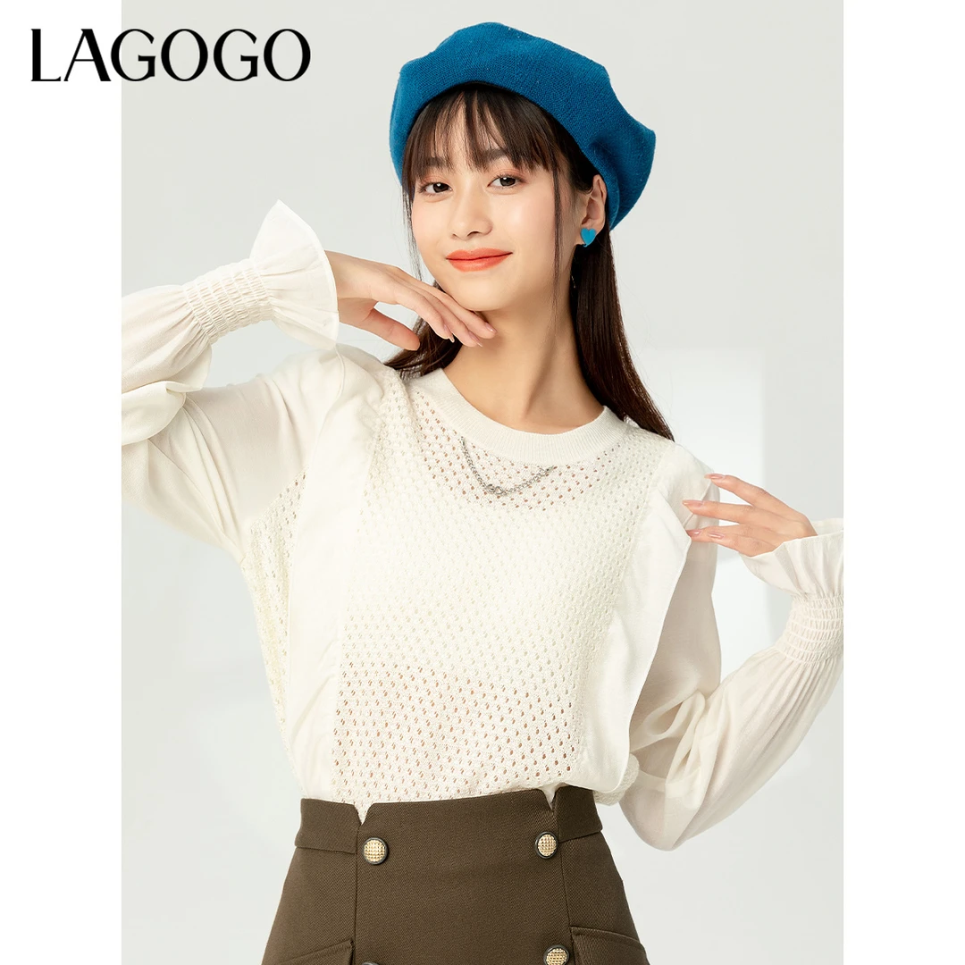 Lagogo新款仙气亮丝褶皱设计感上衣女MASS552A13