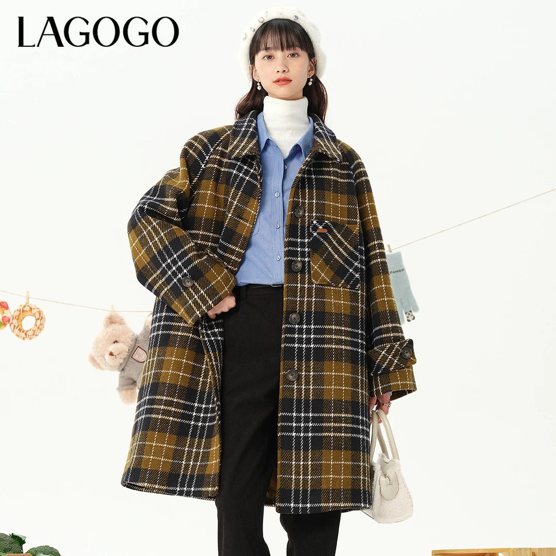 lagogo拉谷谷新款格子气质插肩挺括毛呢大衣女MCDD34YA63