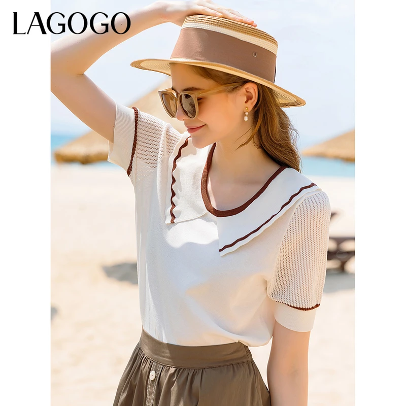 Lagogo新款撞色亮丝精致波浪领边针织衫女MAMM253A31