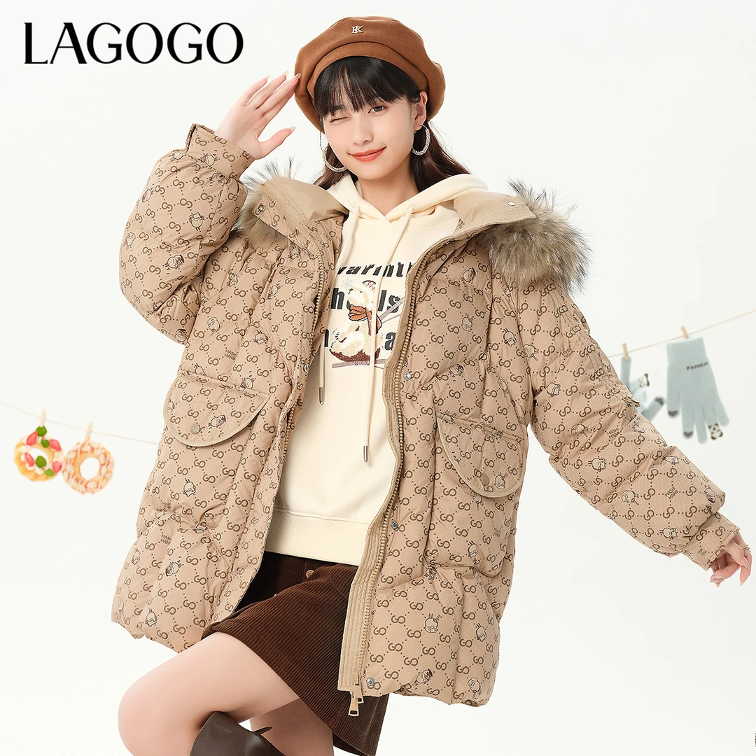 lagogo拉谷谷新款连帽舒适流氓兔印花羽绒服女MCYY50YA56