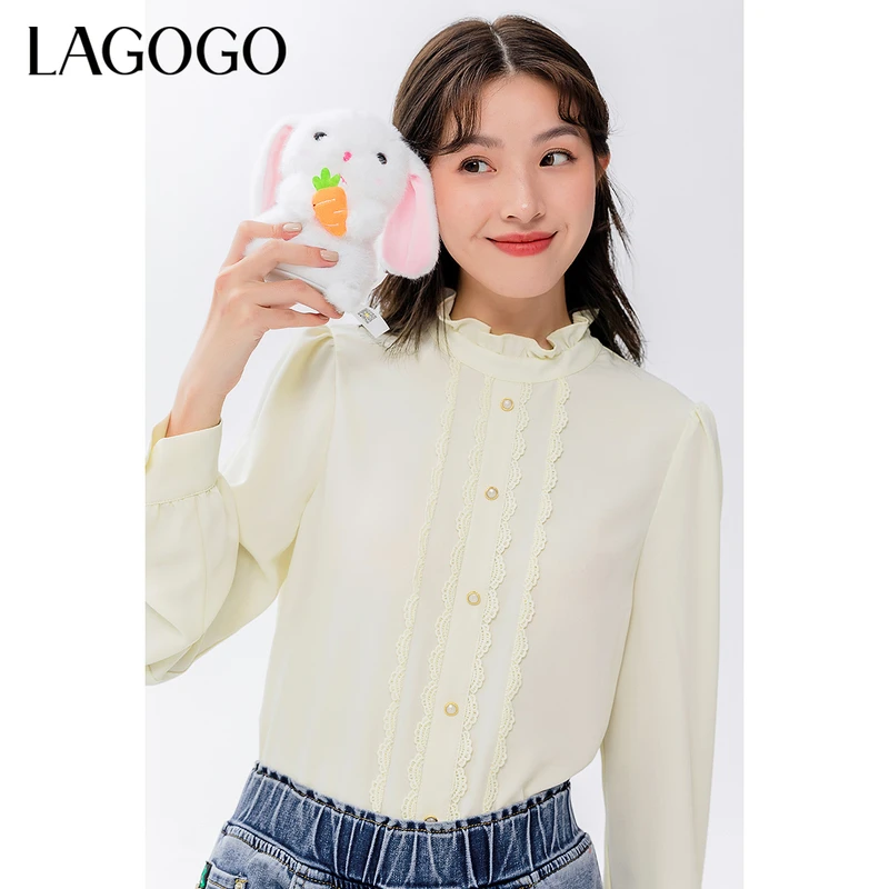 Lagogo新款木耳边立领拼接泡泡袖秋冬上衣长袖女LCSS539A12