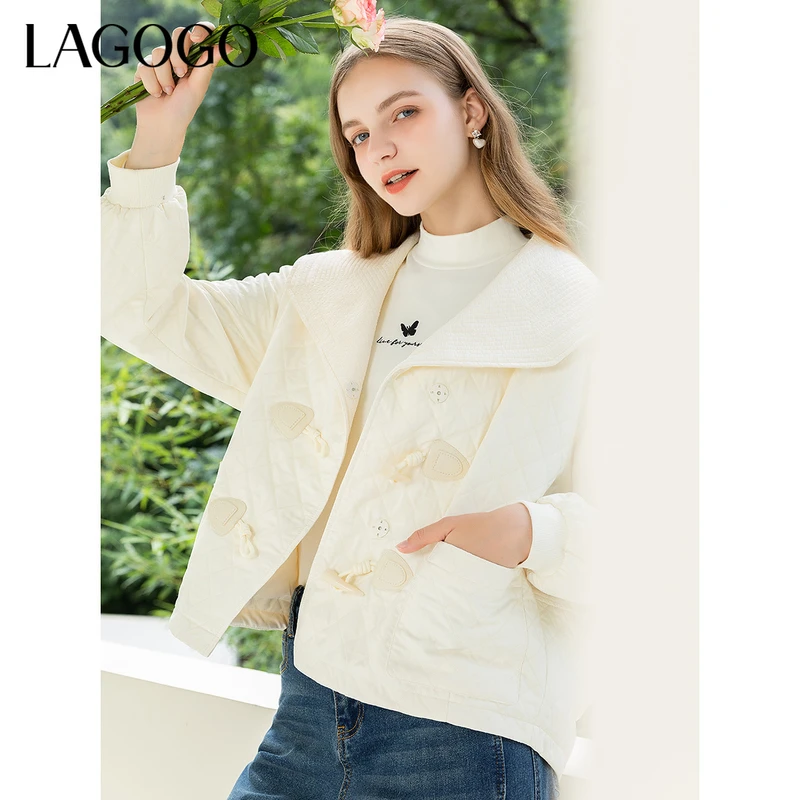 Lagogo新款菱形绗缝牛角扣温暖棉服女MCWW539A42