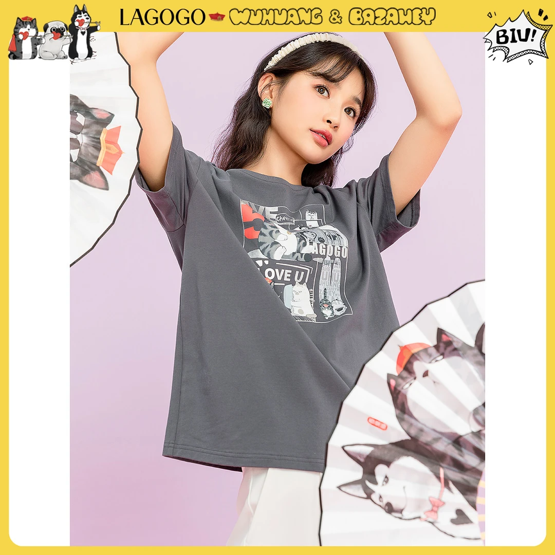 lagogo新款吾皇猫联名可爱卡通T恤女MATT314A09