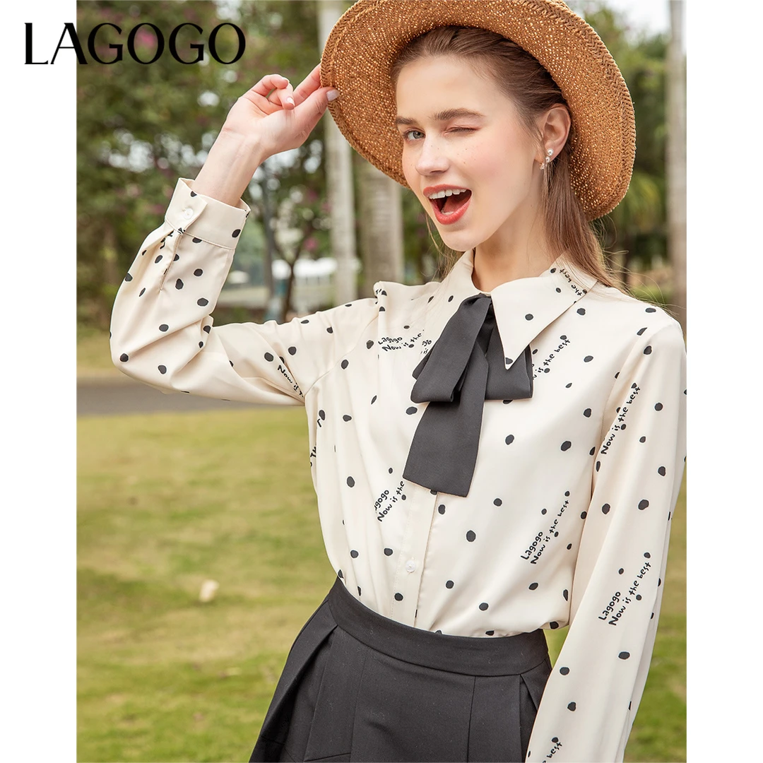 Lagogo拉谷谷春季新款翻领系带波点雪纺衬衫女黑白简约显瘦