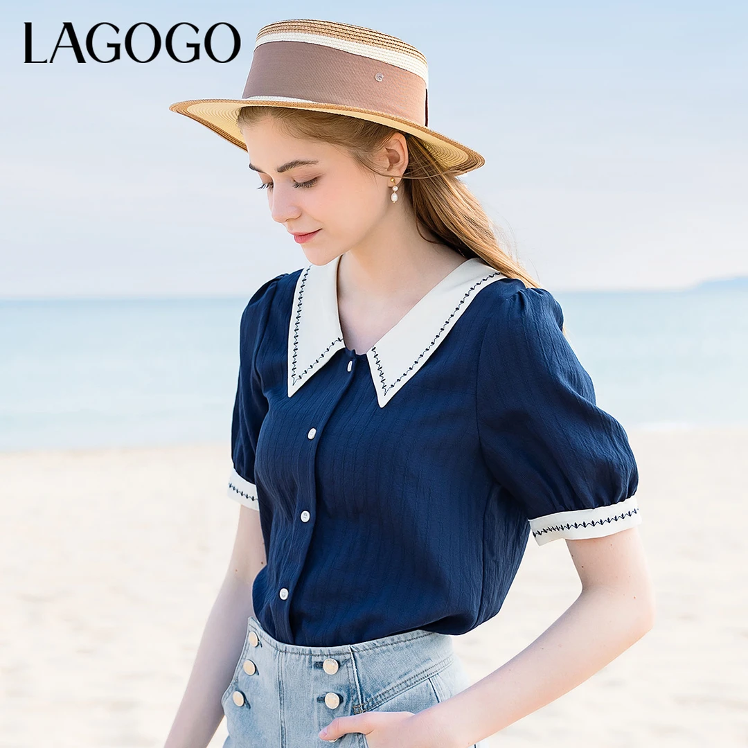 Lagogo新款娃娃领刺绣泡泡袖甜美衬衫女MACC213C23