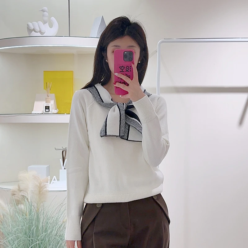 LAGOGO专柜同款设计师款白色拼接毛衣保暖针织时尚套衫LAMM451A31