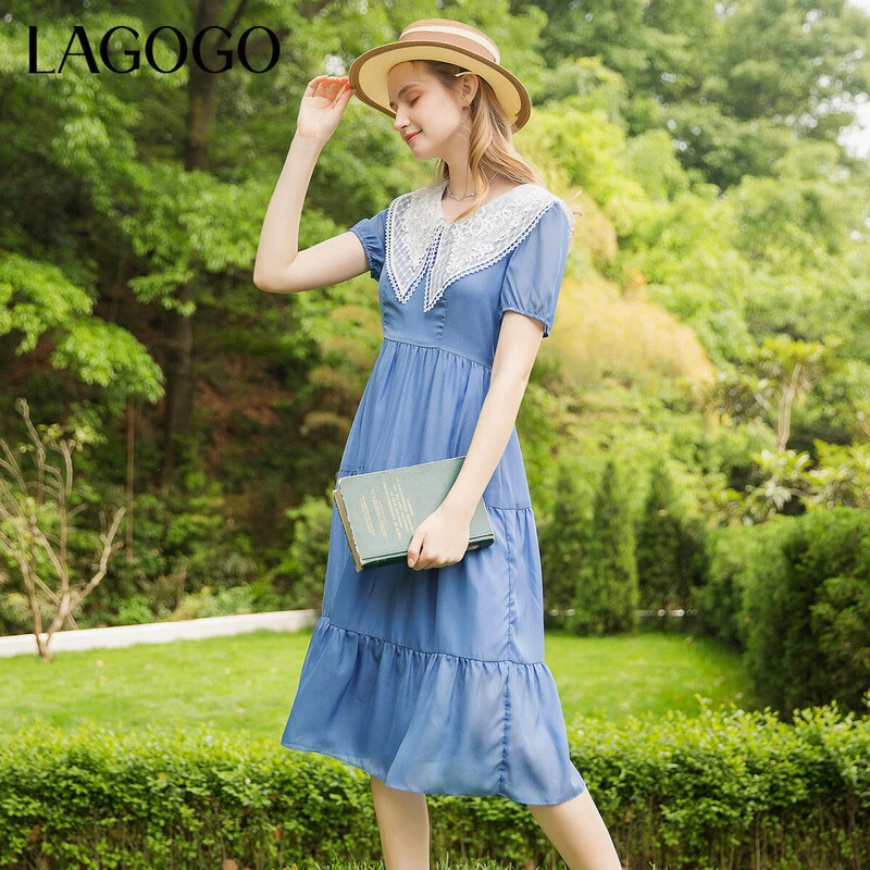 Lagogo新款拼接蕾丝双层领泡泡袖连衣裙女LALL354C56