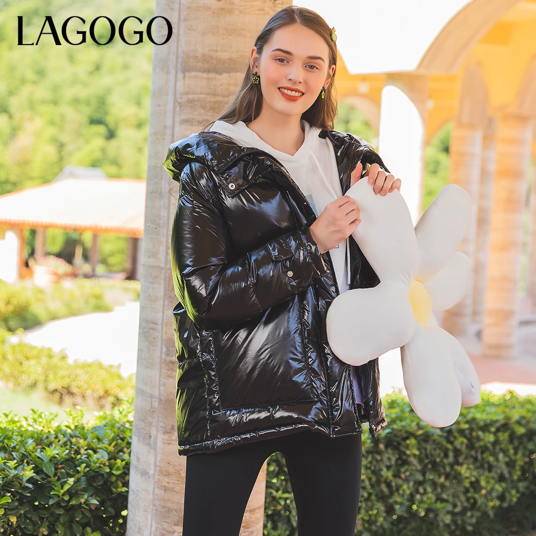 Lagogo拉谷谷冬季新款连帽鸭绒黑色甜美学院风羽绒服女加厚外套