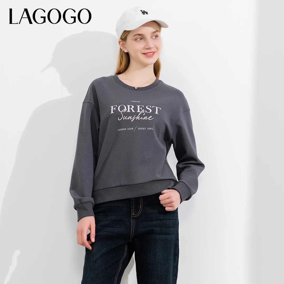 lagogo拉谷谷新款慵懒舒适落肩刺绣元气卫衣女NAEE412A06