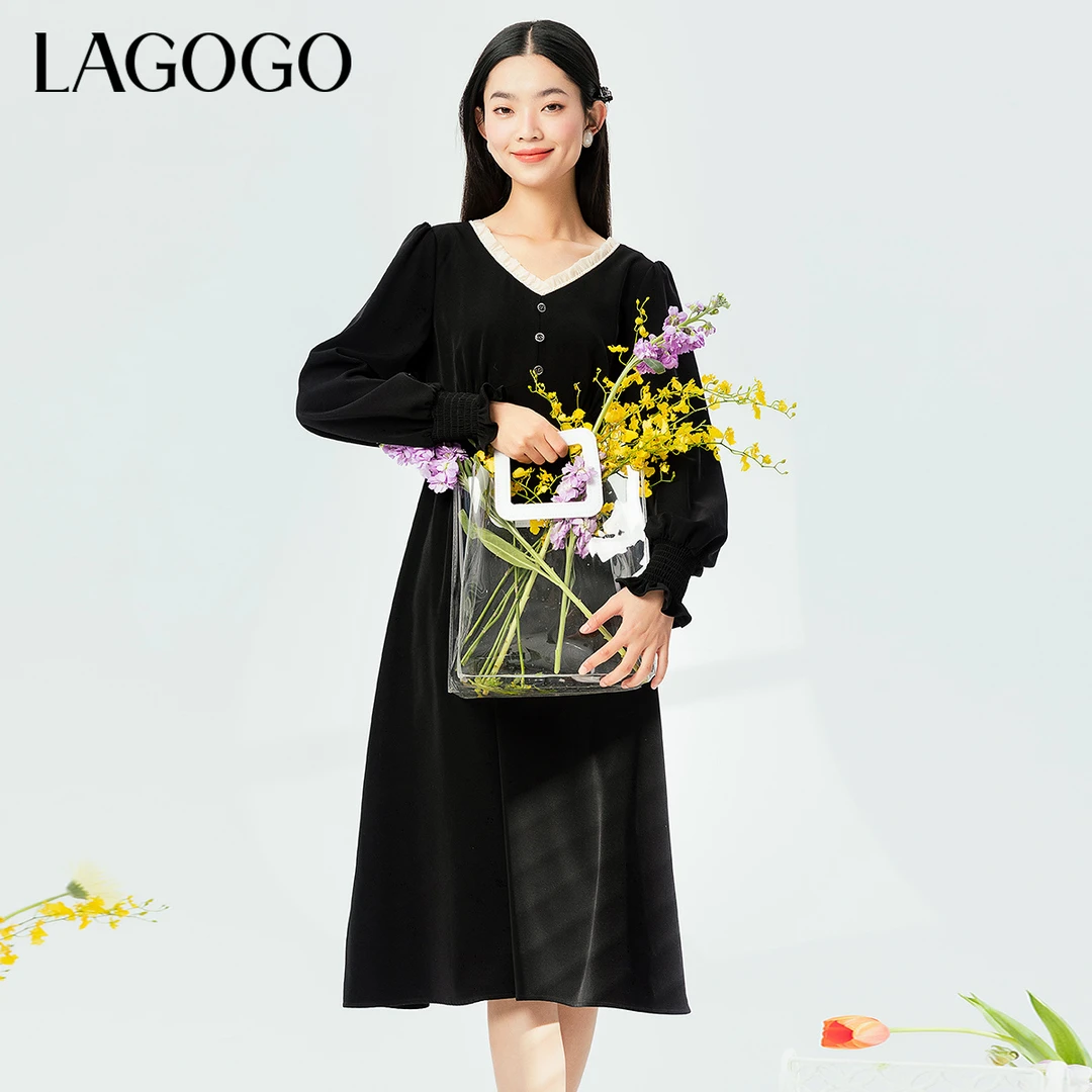 Lagogo新款温柔木耳边钉珠精致连衣裙女MALL431C54