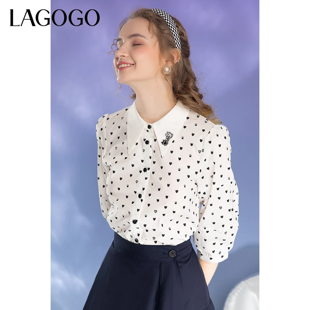 【萌宠时代联名】Lagogo夏季新款翻领七分袖撞色衬衫女泡泡袖上衣