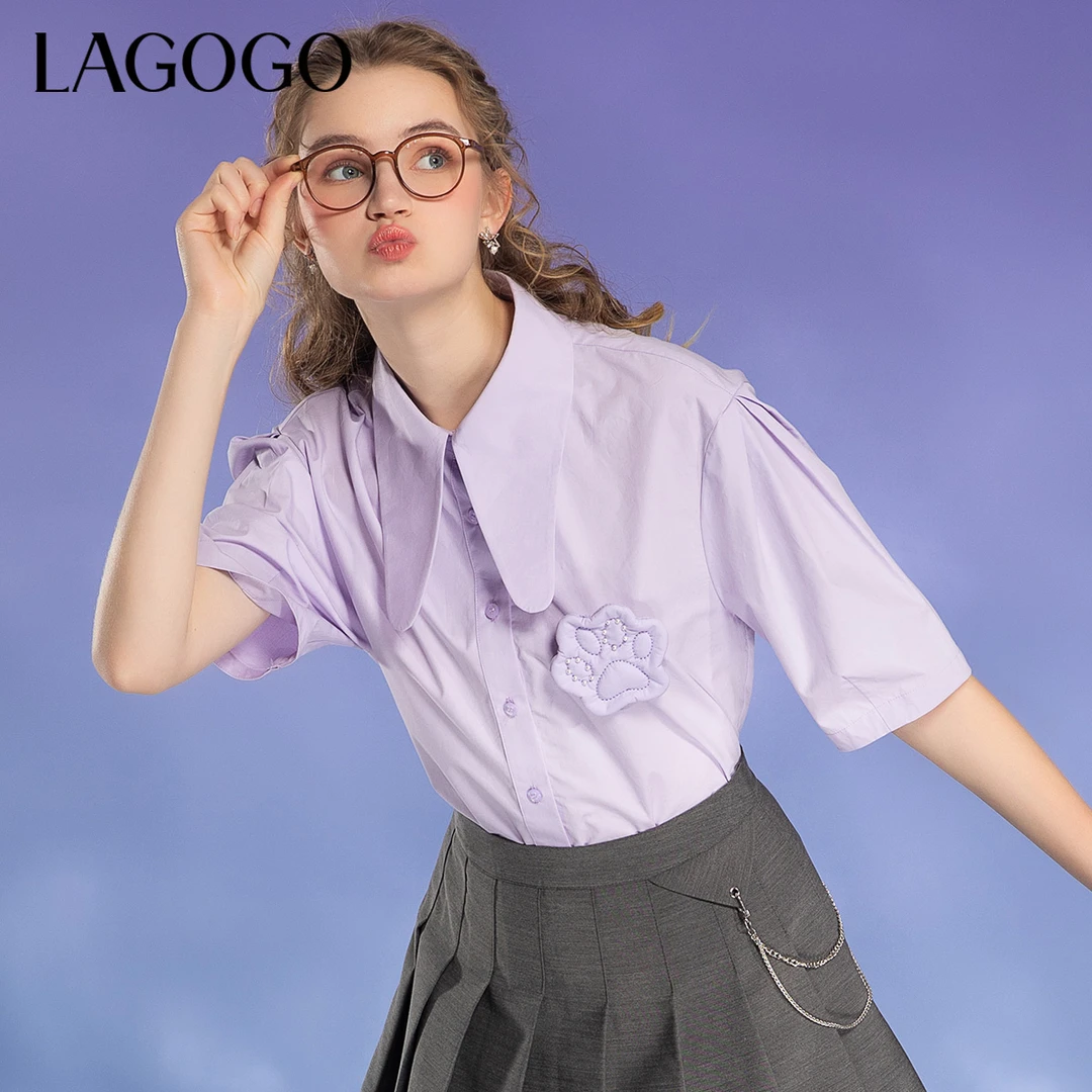 【萌宠时代联名】Lagogo夏新款紫色单排扣泡泡袖女衬衣LACC333A25