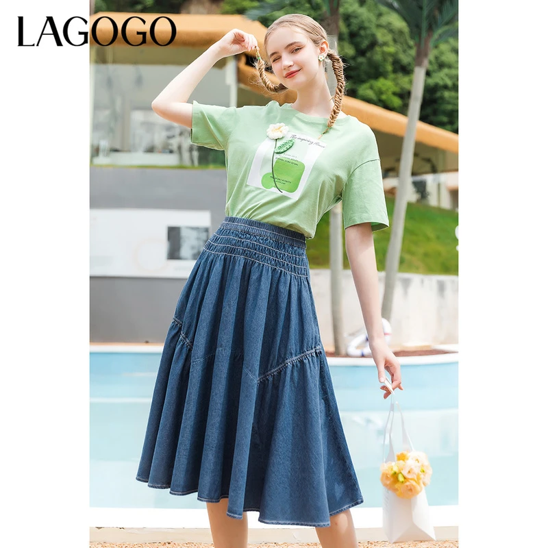 Lagogo新款松紧高腰撞色明细装饰半裙女LABB335B81