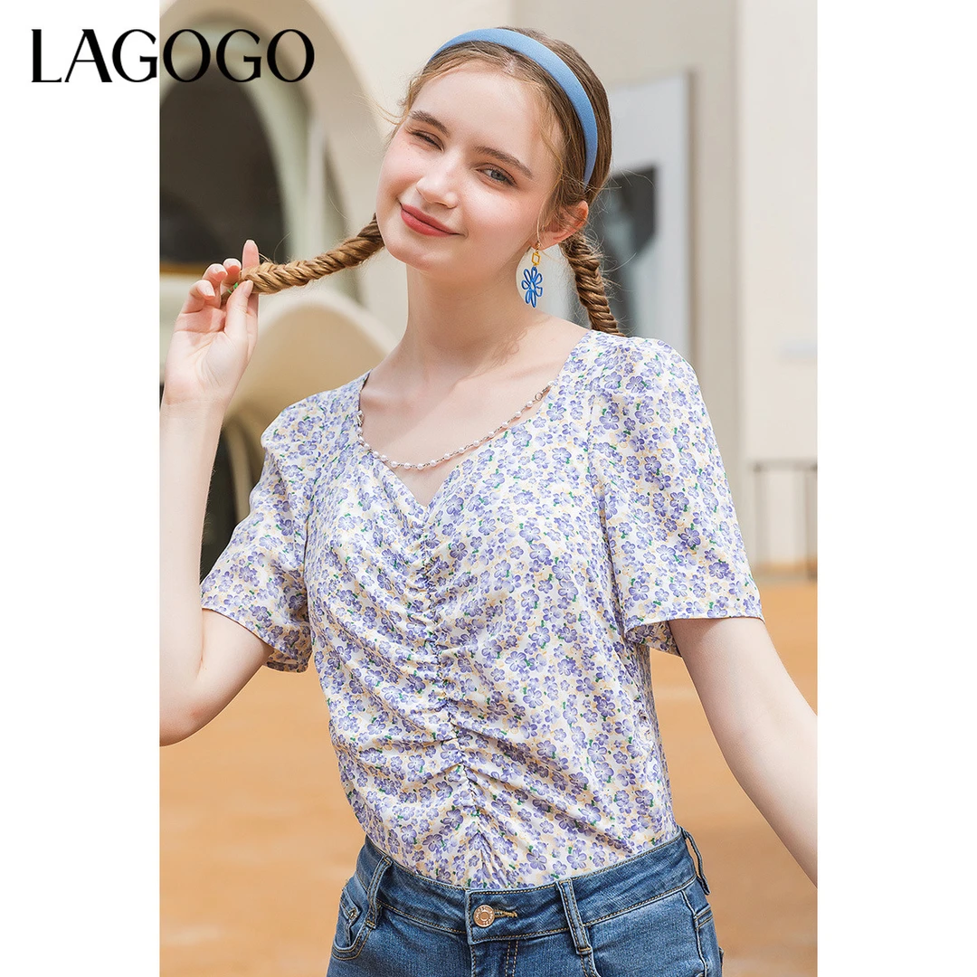 Lagogo拉谷谷夏季新款短款显瘦V领泡泡袖雪纺修身上衣女碎花短袖