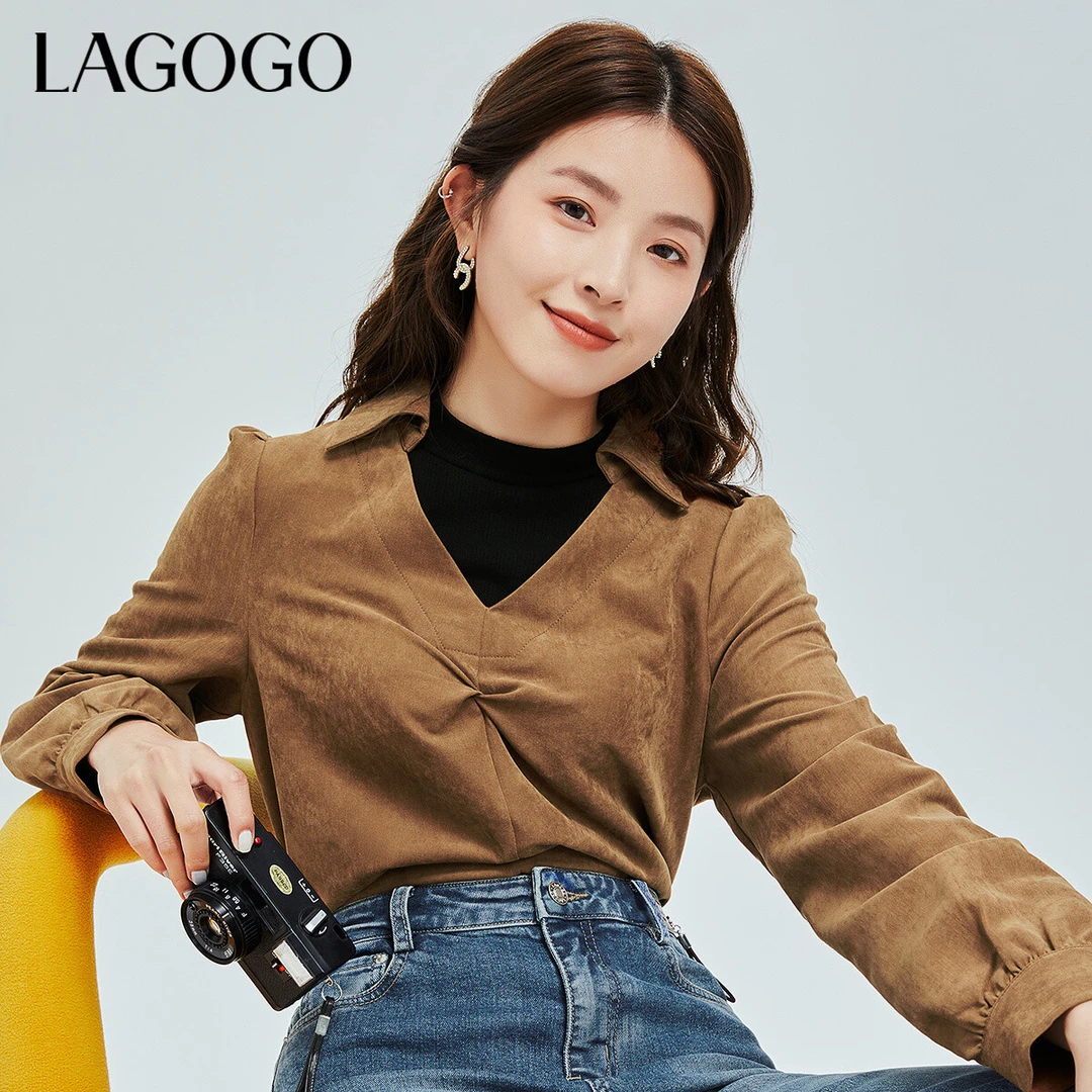 Lagogo新款撞色拼接褶皱设计感桃皮绒衬衫女LCSS55YC11春秋