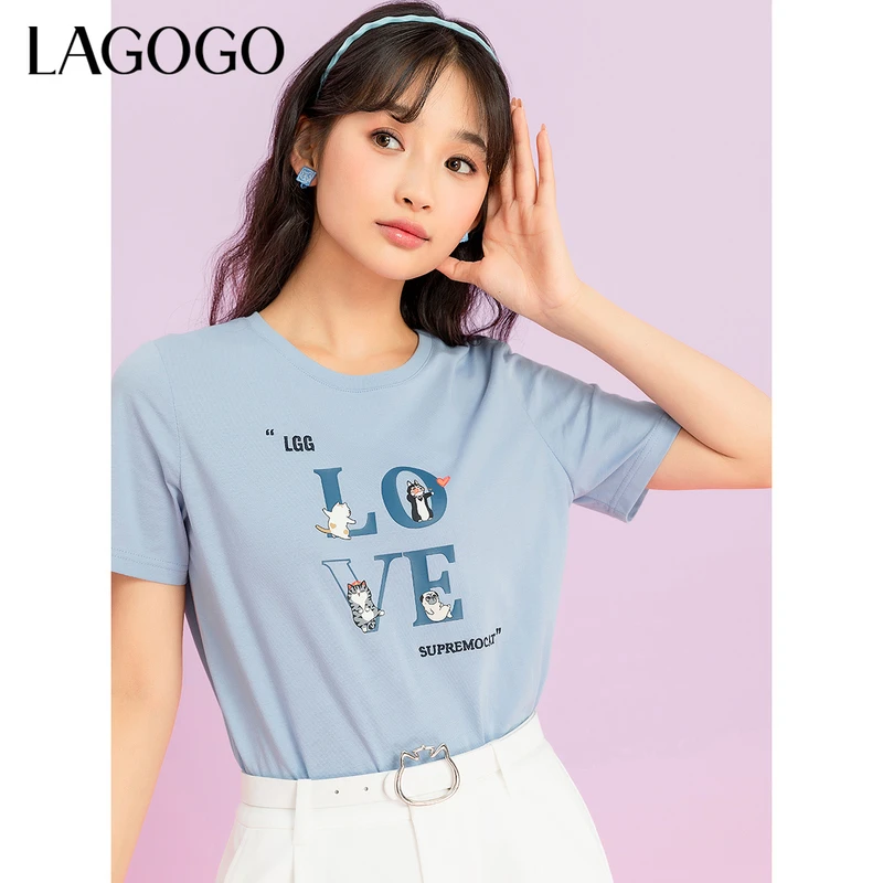 lagogo新款精致刺绣吾皇猫联名T恤女MATT314A