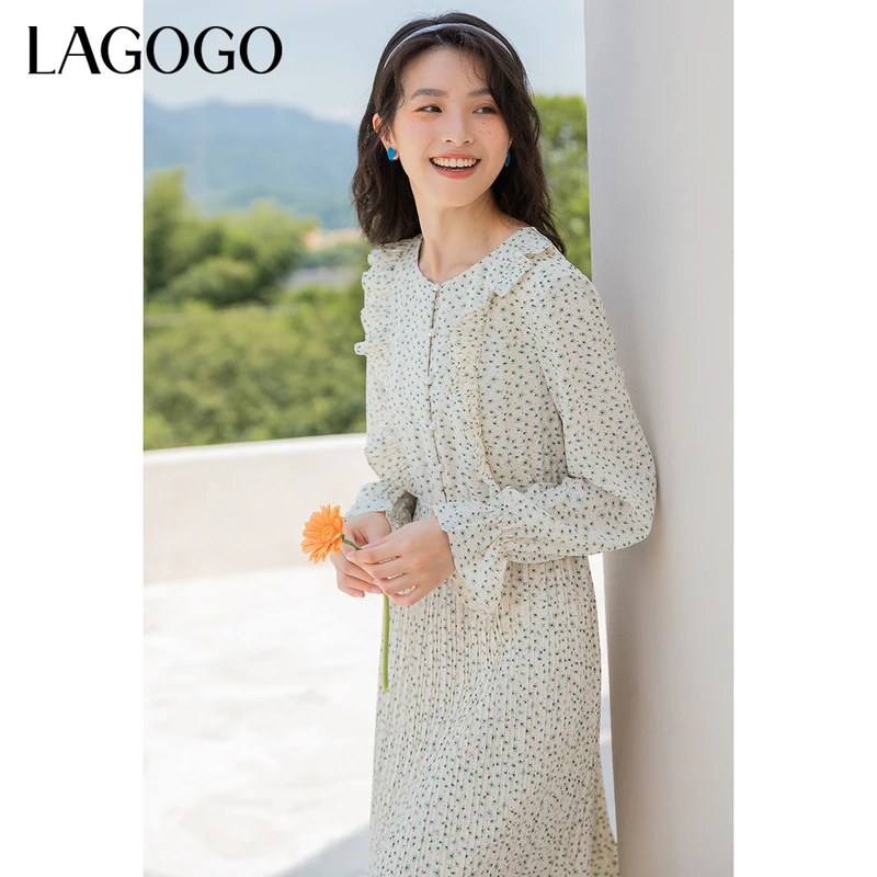 Lagogo新款圆领拼接荷叶边装饰连衣裙女LCLL407C51碎花气质