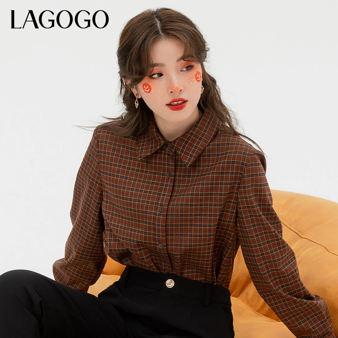 Lagogo新款复古格纹方领气质小众衬衫女LCCC44XC