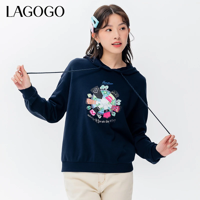 Lagogo新款连帽撞色图案胶印卫衣女LCEE418C08上衣女款时尚
