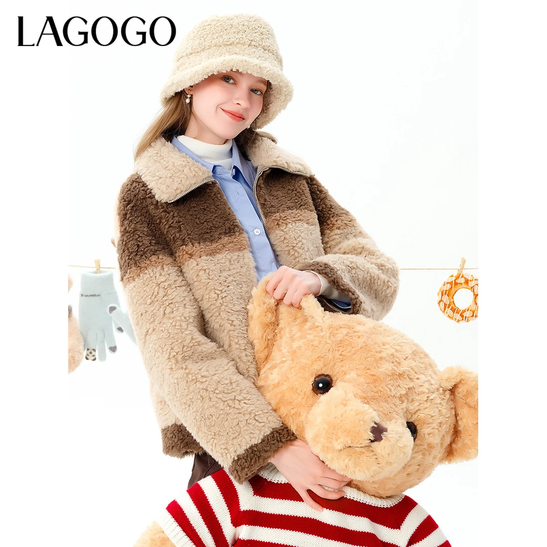 lagogo拉谷谷新款仿羊羔绒可爱落肩袖外套女MCWW55XC41