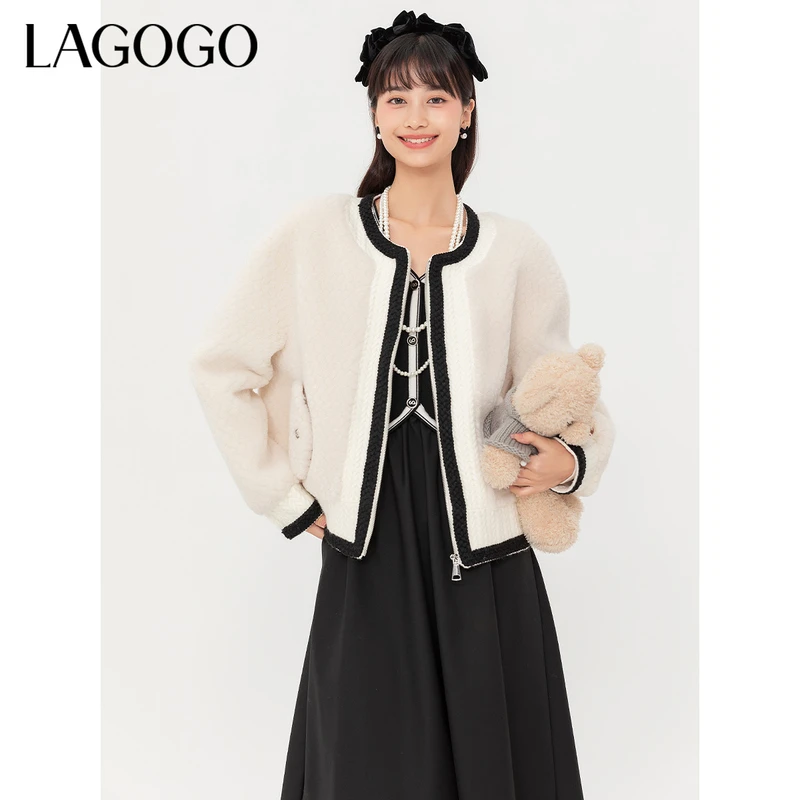 lagogo拉谷谷新款仿羊羔绒落肩慵懒撞色外套女MCWW55XA48