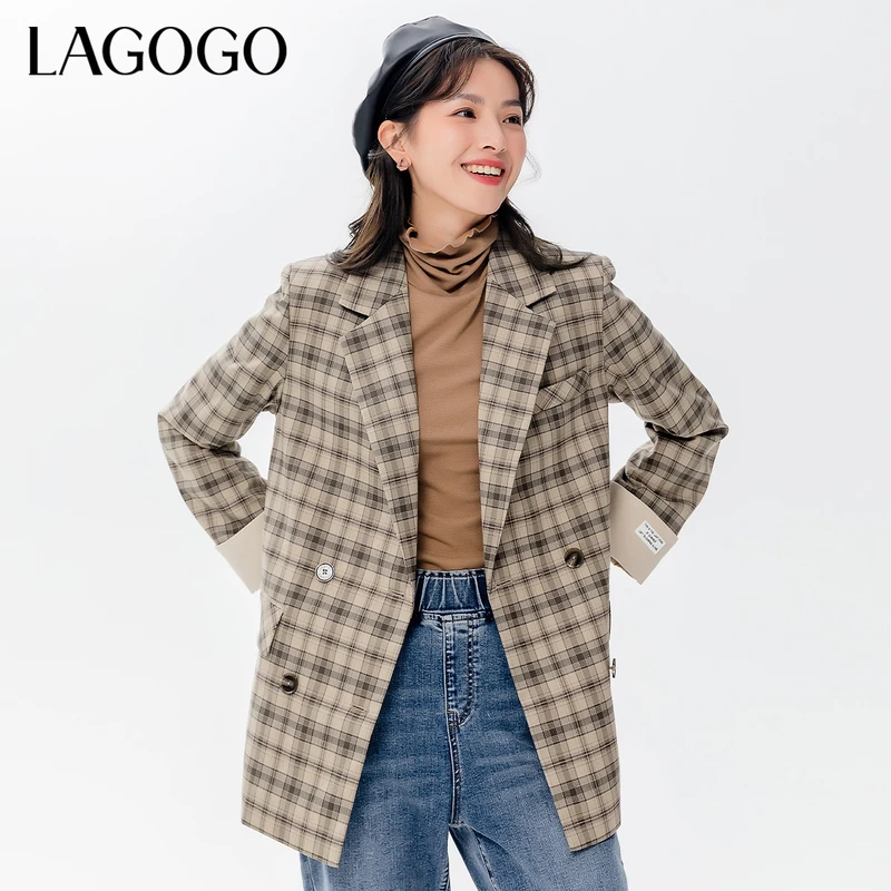 Lagogo新款西装领双排木纹扣西装LCWW348C49休闲复古毛呢格子