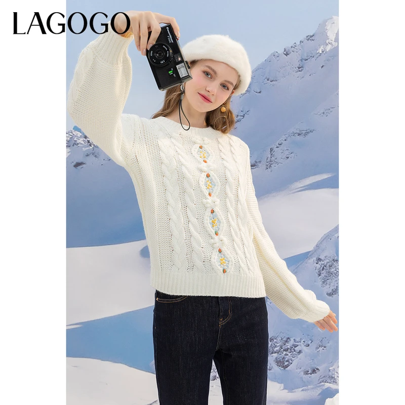 Lagogo新款精致花朵温柔灯笼袖针织衫女LCMM479A31