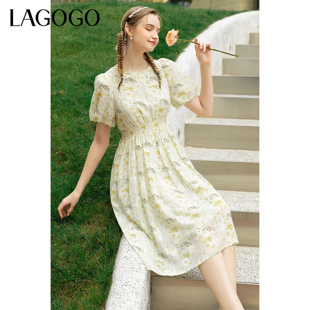 Lagogo拉谷谷夏季新款圆领泡泡袖碎花显瘦连衣裙女LALL304A63