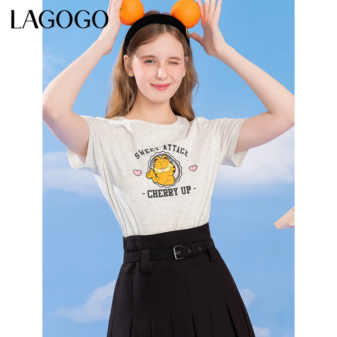 lagogo拉谷谷新款舒适加菲猫弹力落肩T恤女NATT313A07