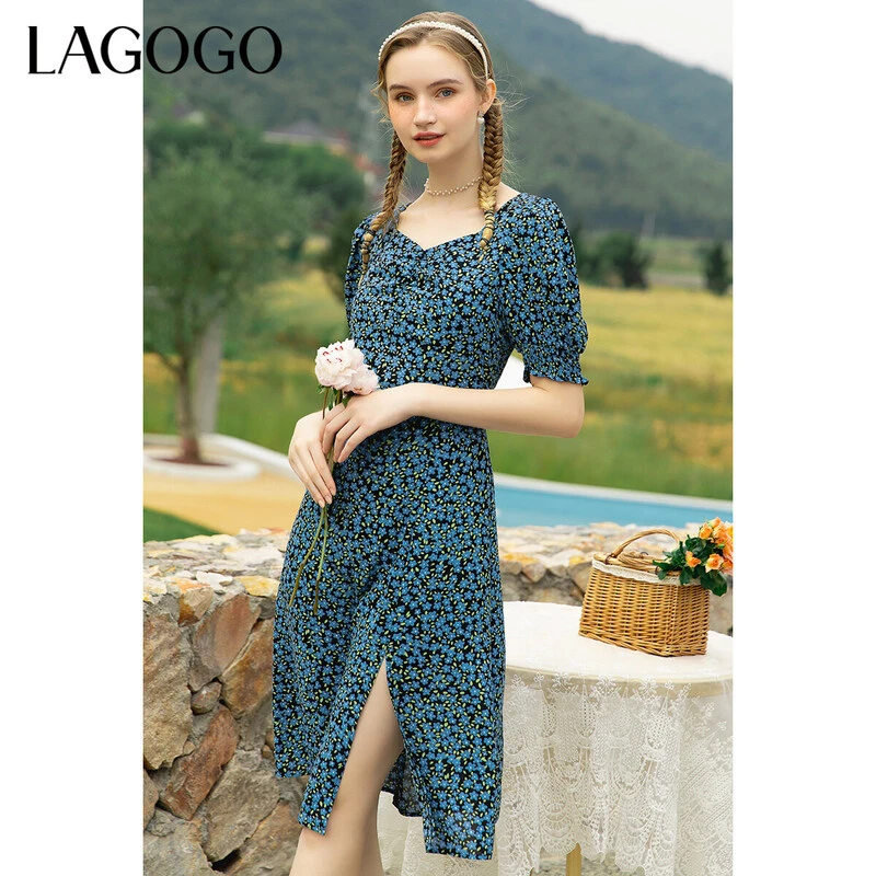 Lagogo新款方领泡泡袖裙身褶皱设计连衣裙女LALL304C60