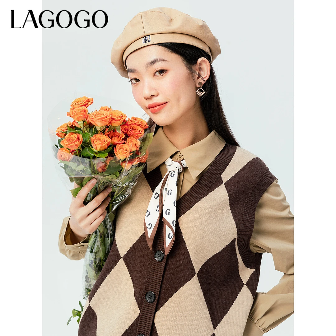 Lagogo新款经典菱形格纹马甲针织女MAMM052C34