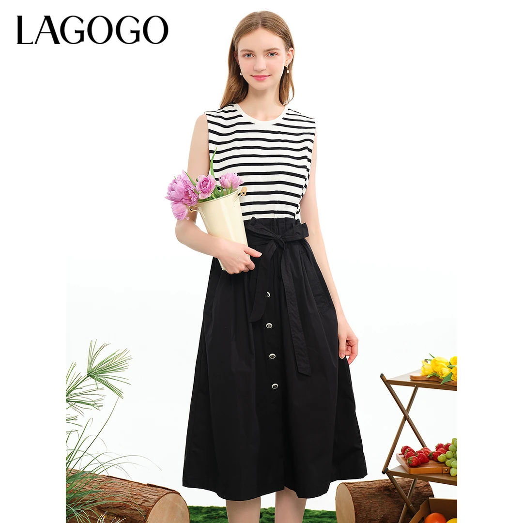 lagogo拉谷谷新款经典条纹拼接设计感连衣裙女NALL254B51
