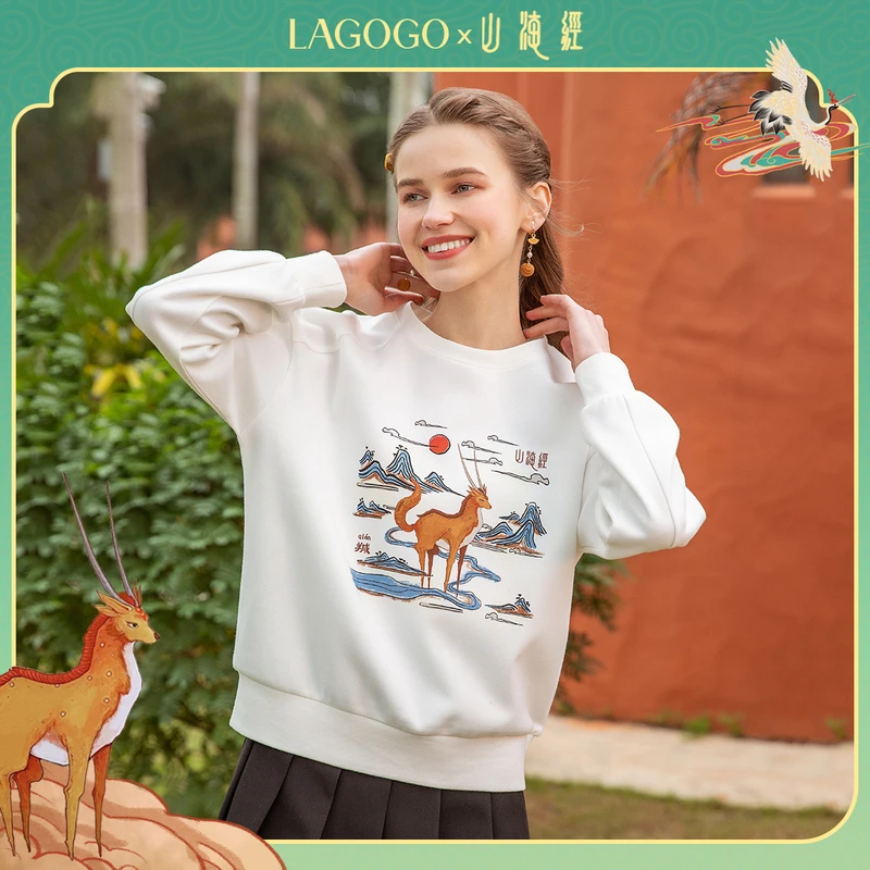 【山海经系列】Lagogo拉谷谷春季新款圆领图案白色卫衣女简约