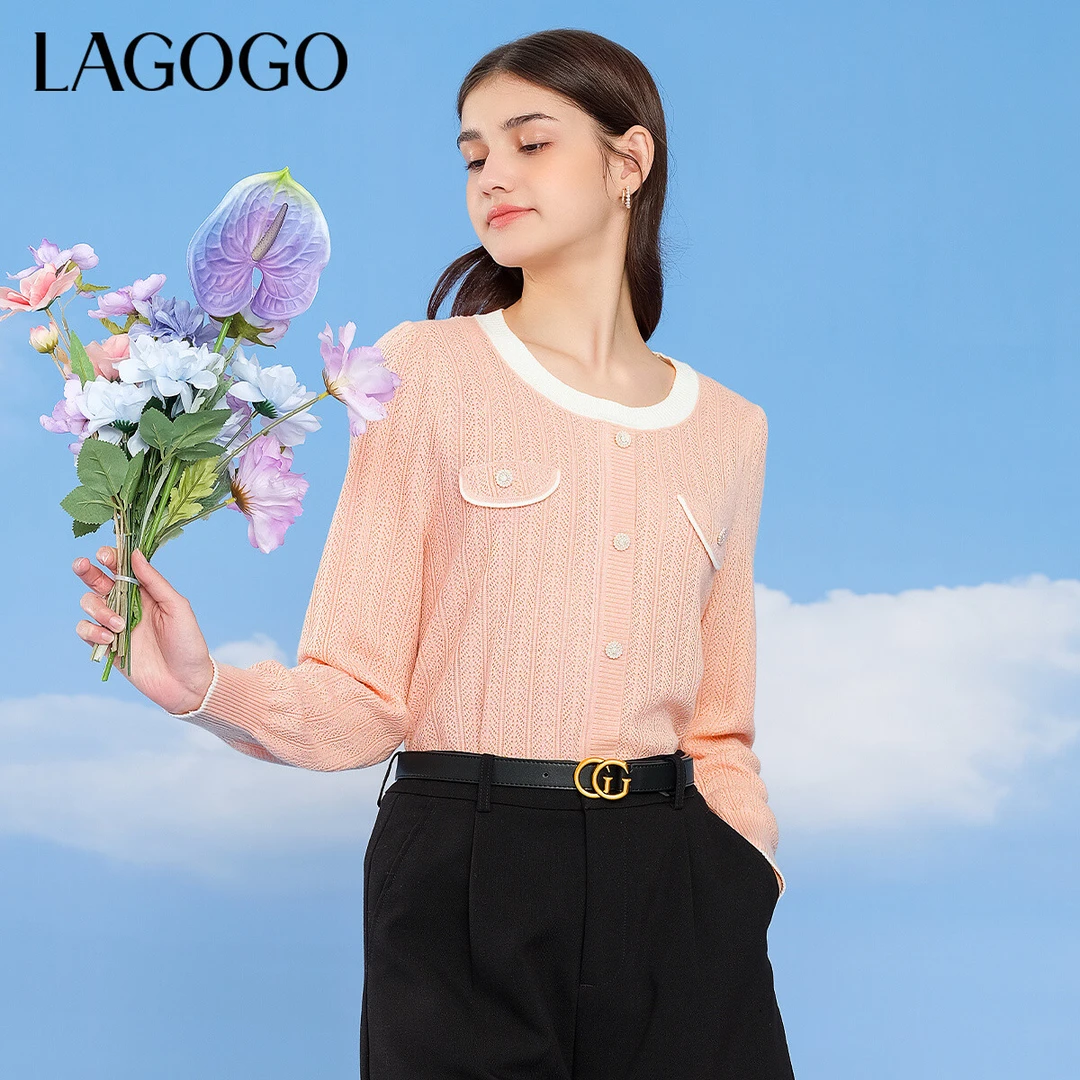 lagogo拉谷谷新款含羊毛花型针温柔甜美针织女NAMM452A23