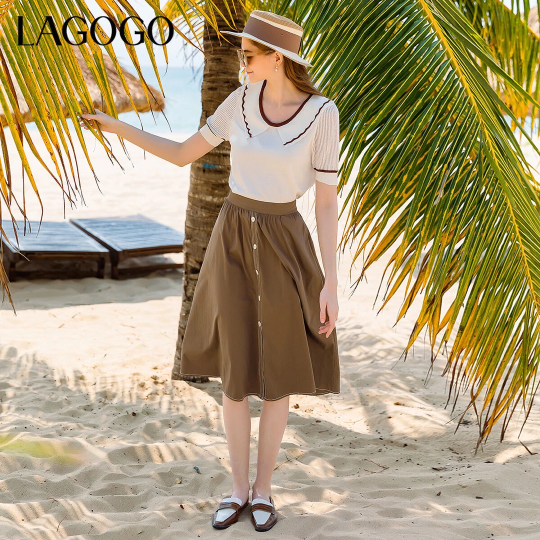 Lagogo新款复古小开叉高腰显瘦A字裙女MABB233A53