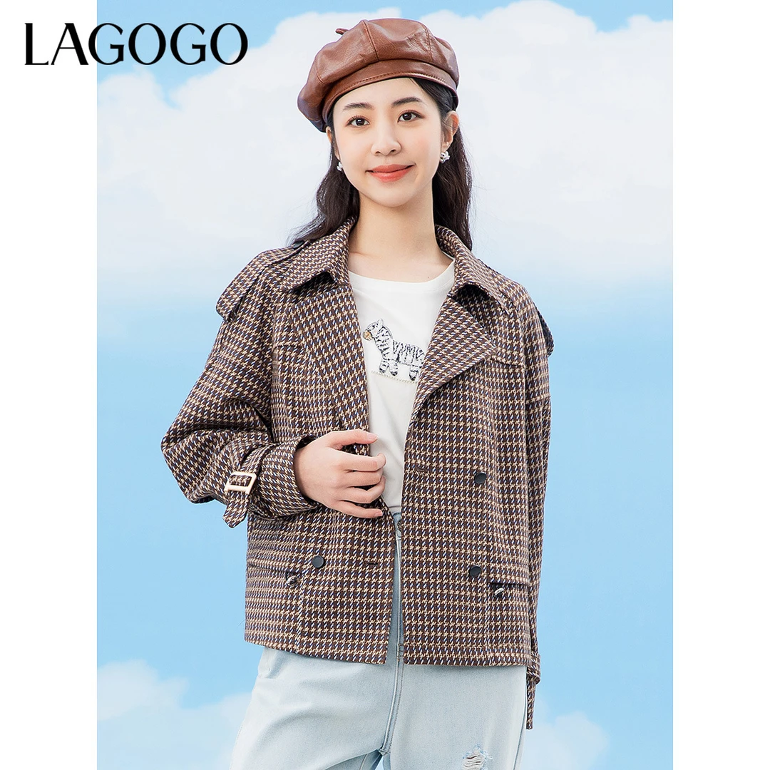 Lagogo新款气质千鸟格插肩袖小个子短外套女MAWW541A44