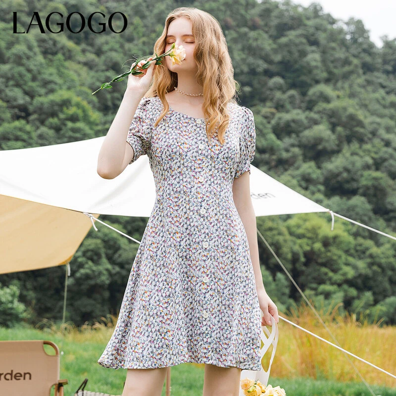 LagogoV领系带装饰泡泡袖连衣裙女LALL305C52春夏显瘦连衣裙