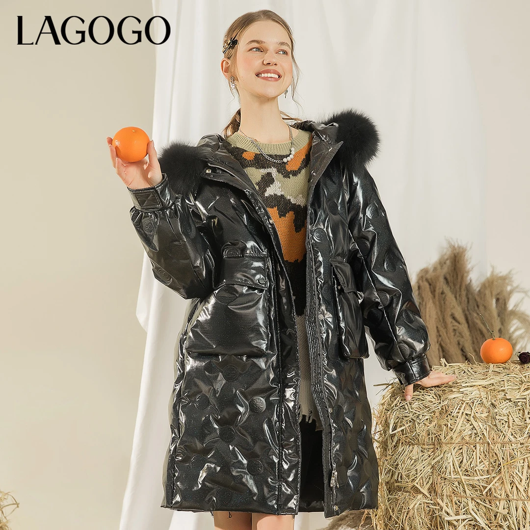 Lagogo冬黑色亮面连帽狐狸毛领中长款灰鸭绒羽绒服保暖外套女时尚