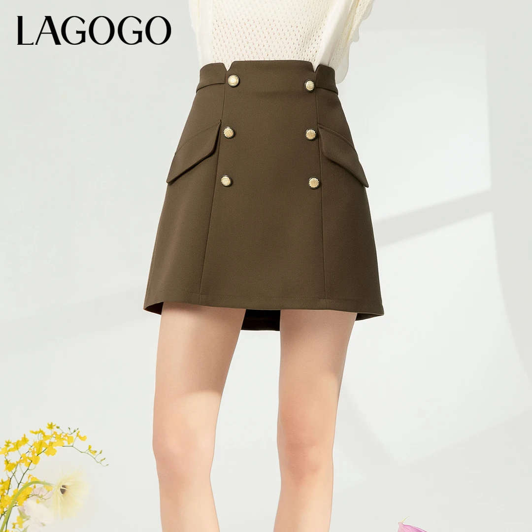 Lagogo新款高腰复古层次感假口袋半身裙女MABB131C75