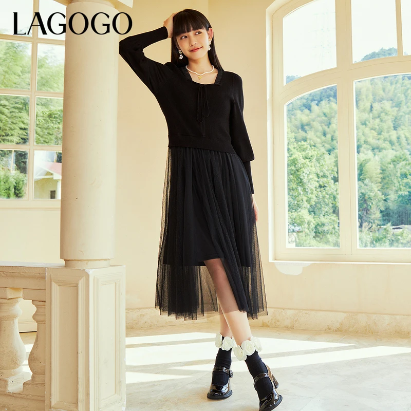 Lagogo新款方领拼接设计波点网纱气质百褶连衣裙女LCLL759A57